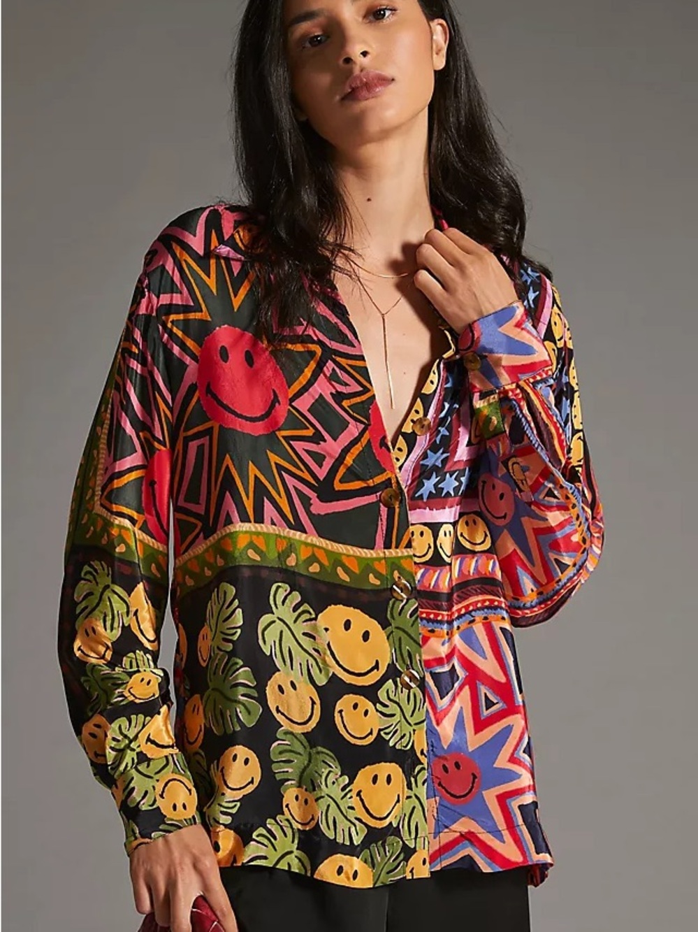 FARM Rio Multicolor Smiley & Star Print Button-Down Blouse